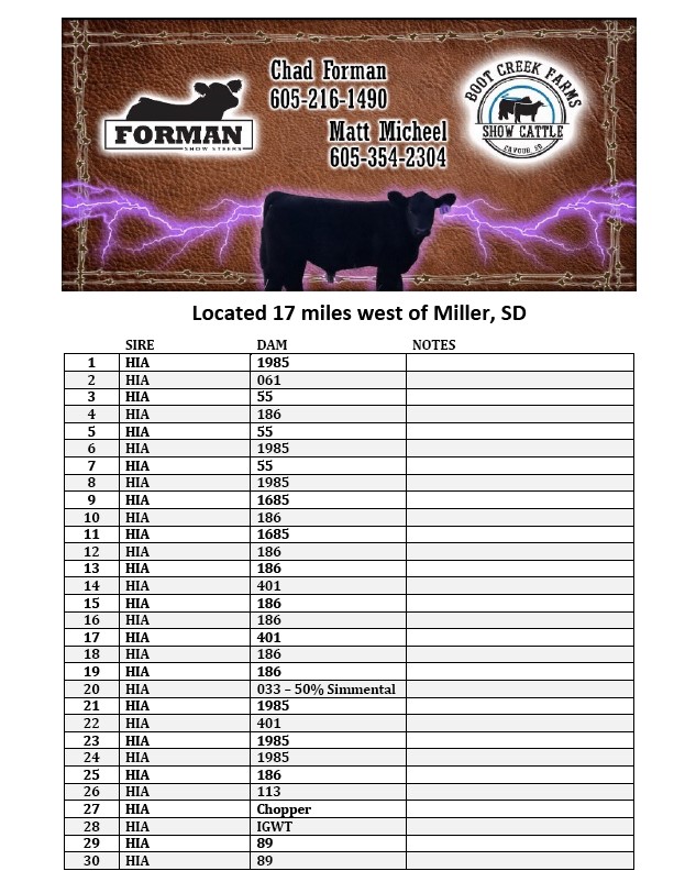Forman Show Steers and Boot Creek Farms Sale Sheet 2023 - Steerbidder -1 2023 Pasture Sale Boot Creek Farms Show Cattle and Forman Show Steers - Ree Heights, SD - Page 1 of 2