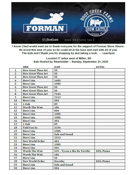 Forman Show Steers and Boot Creek Farms Show Cattle Pasture Sale 2025 - September 21, 2025